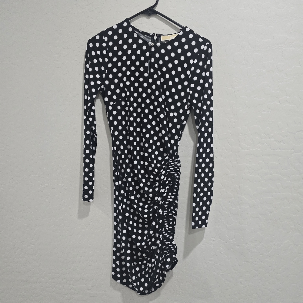 Michael Kors black and white polka dot side gathered dress